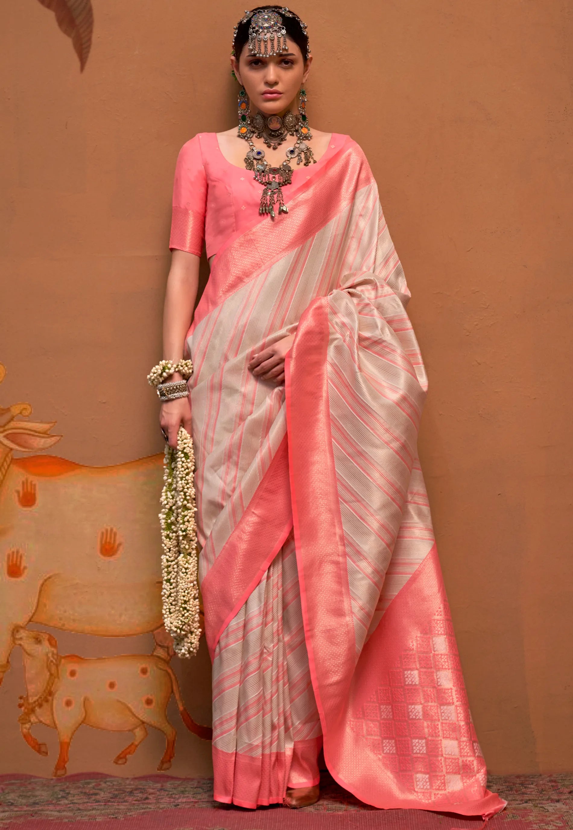 Ivory Brocade  Kanjivaram Silk Saree With Blouse Piece