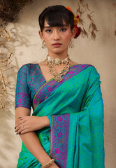 Bottle Green Kanjivaram Silk Saree with Blouse Piece - Adi Akshoy & Co.