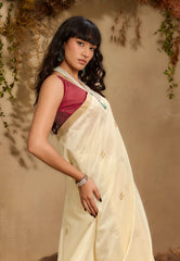 White Cream Tussar Silk Saree with Blouse Piece - Adi Akshoy & Co.