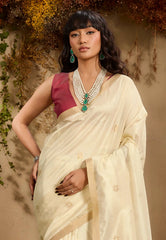 White Cream Tussar Silk Saree with Blouse Piece - Adi Akshoy & Co.