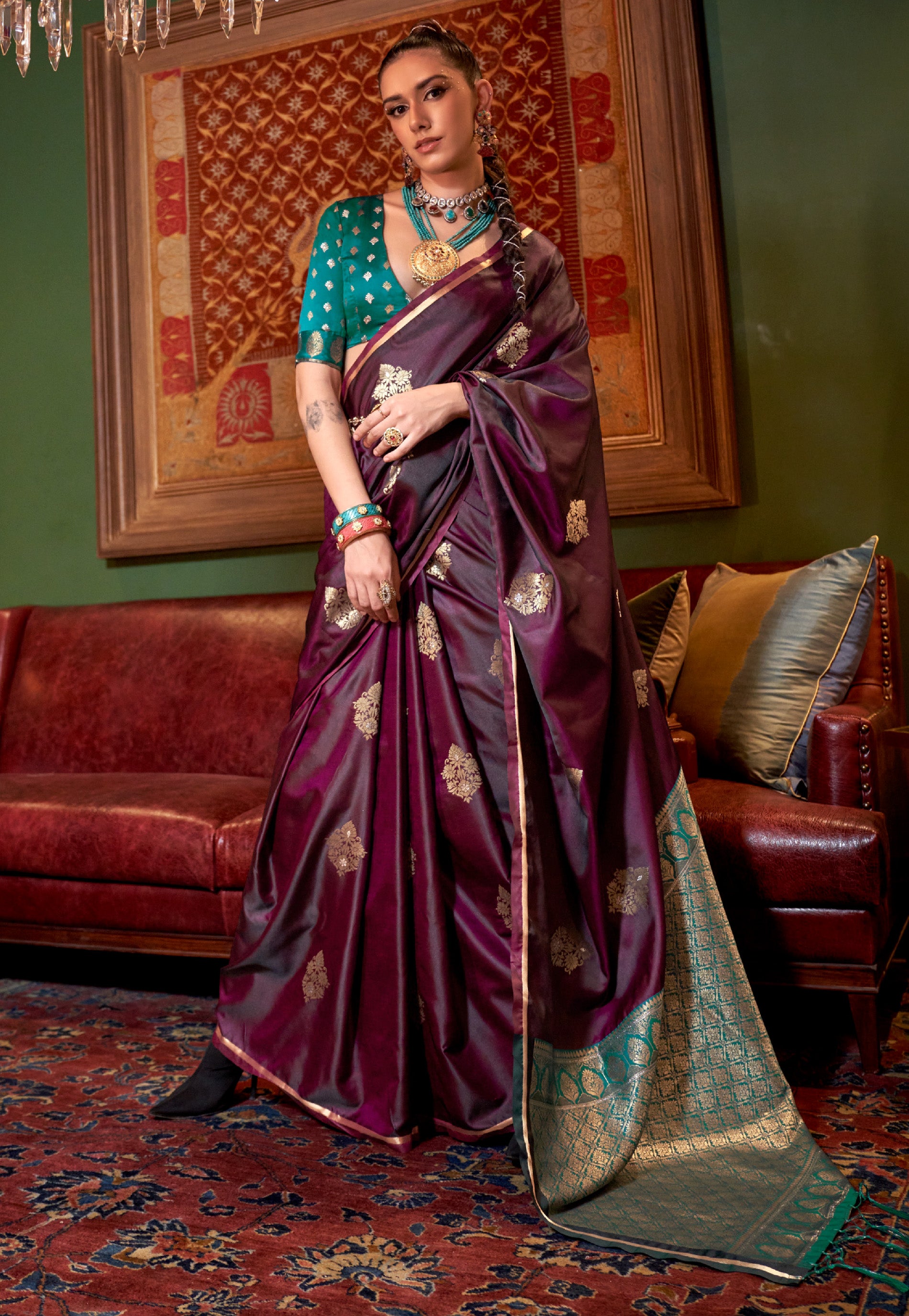 Cross Maroon Mashru Silk Saree with Blouse Piece