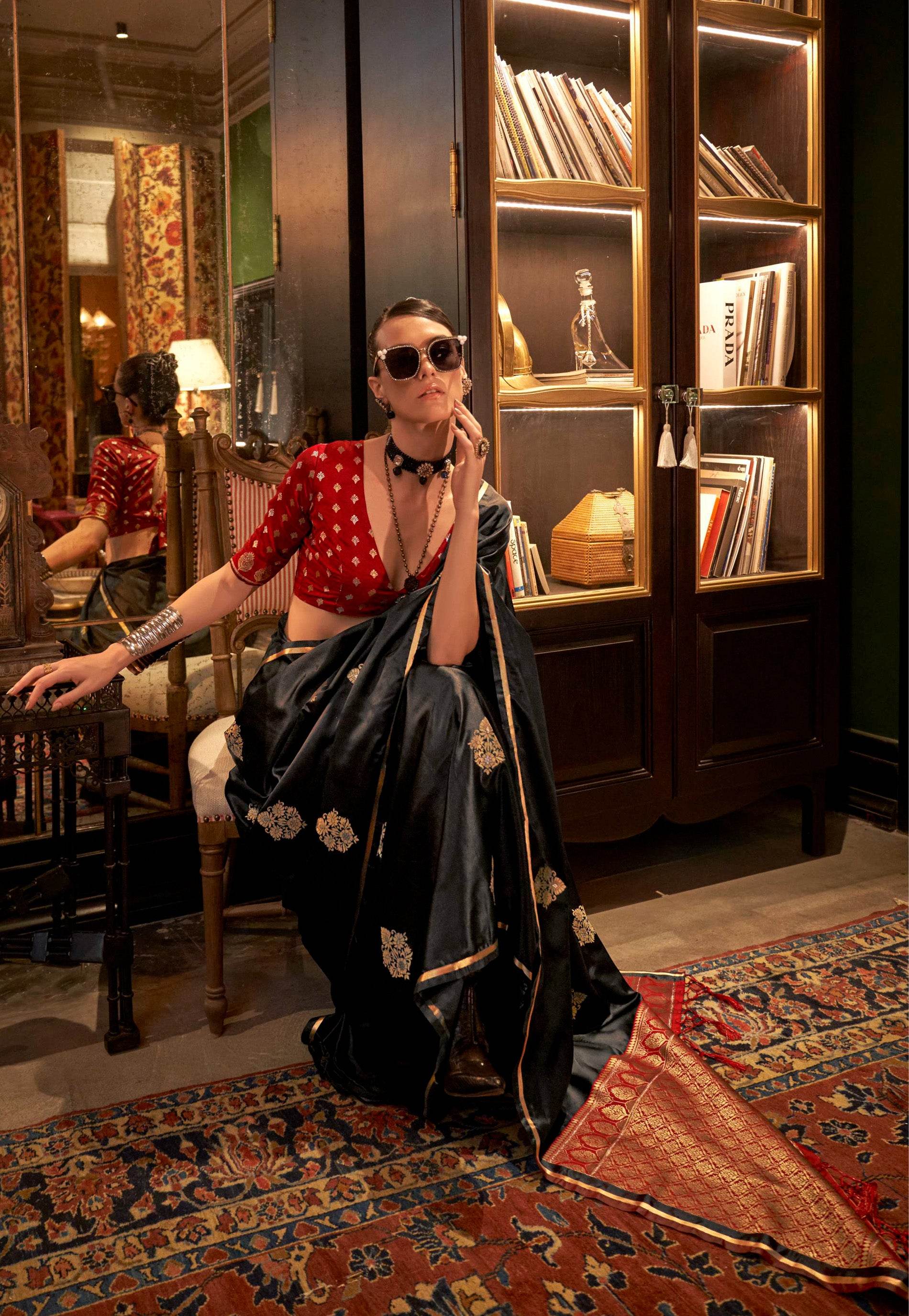 Black Mashru Silk Saree with Blouse Piece - Adi Akshoy & Co.