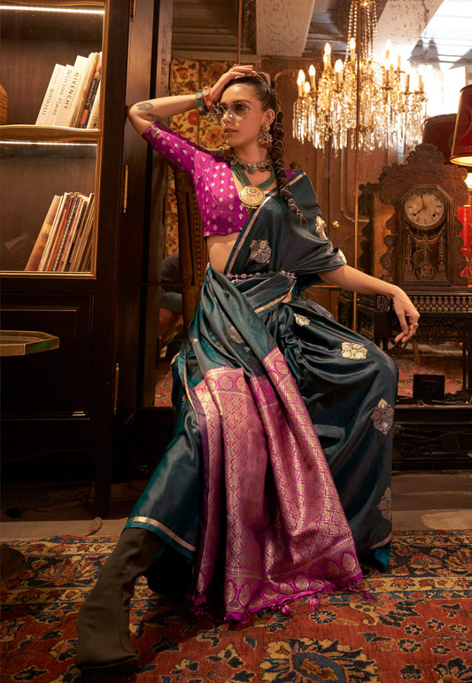 Cross Bottle Green Mashru Silk Saree with Blouse Piece