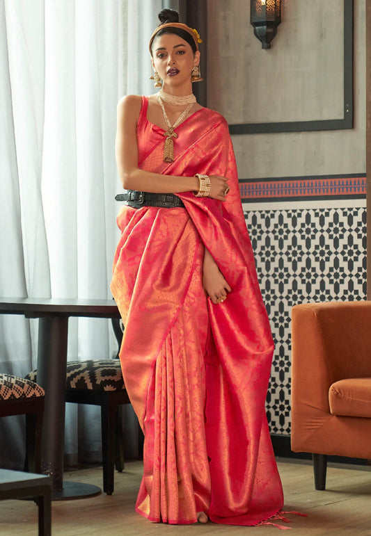Dual Shades of Pink & Orange Brocade Kanjivaram Silk Saree With Blouse Piece - Adi Akshoy & Co.