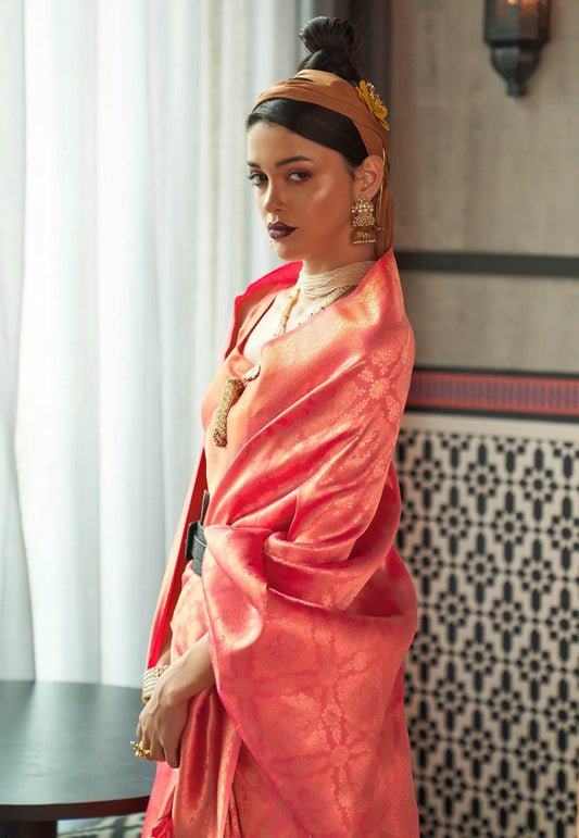 Dual Shades of Pink & Orange Brocade Kanjivaram Silk Saree With Blouse Piece - Adi Akshoy & Co.