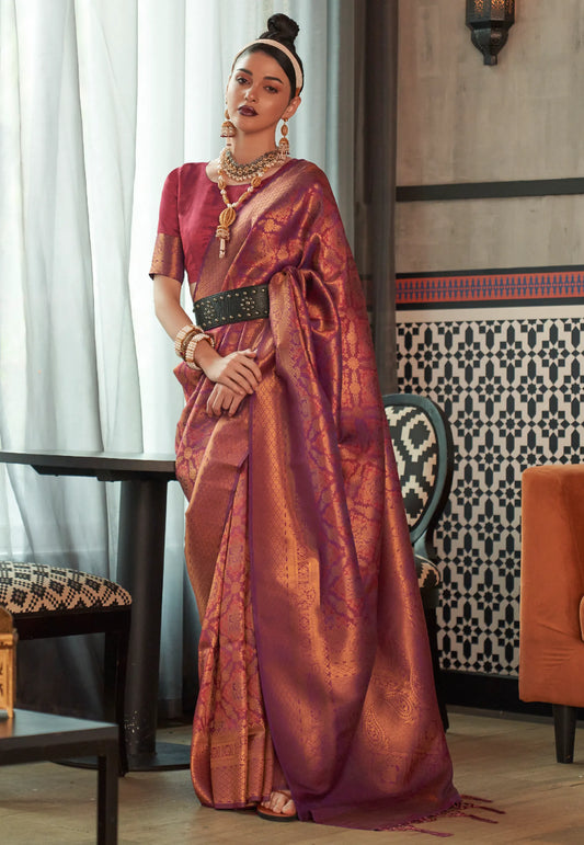 Purple Brocade Kanjivaram Silk Saree With Blouse Piece