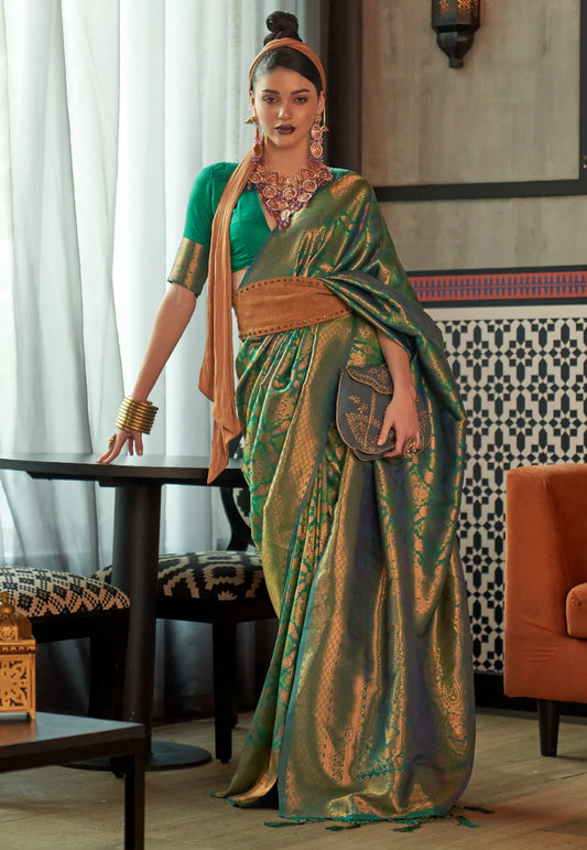 Rama Green Brocade Kanjivaram Silk Saree With Blouse Piece