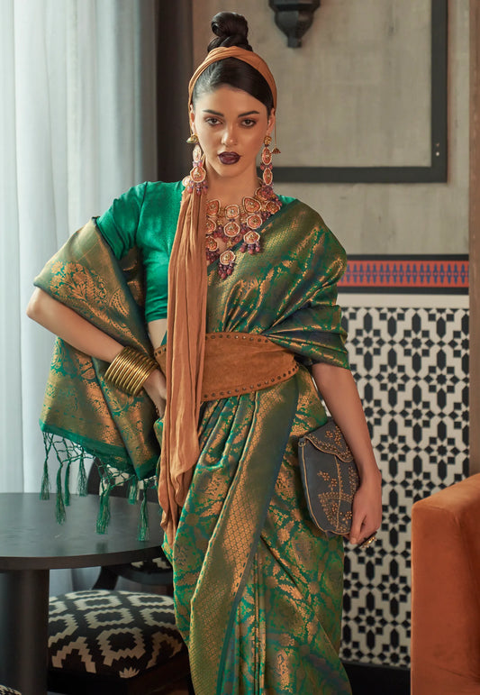 Rama Green Brocade Kanjivaram Silk Saree With Blouse Piece