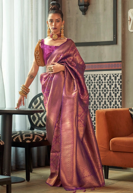 Magenta Brocade Kanjivaram Silk Saree With Blouse Piece