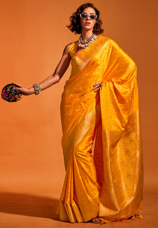 Golden Yellow Kanjivaram Silk Saree With Blouse Piece