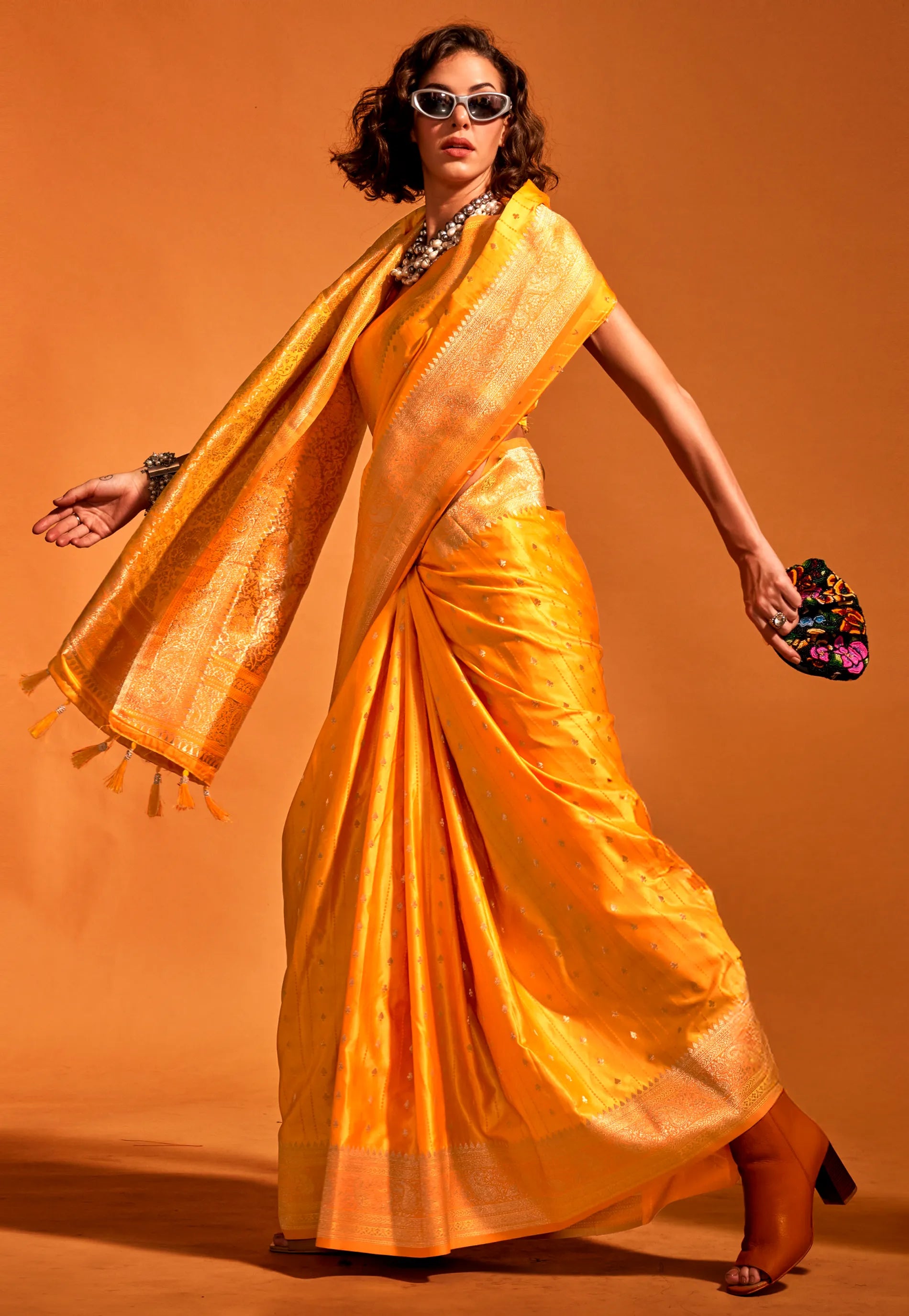 Golden Yellow Kanjivaram Silk Saree With Blouse Piece