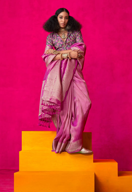 Rani Pink Tissue Silk Saree with Blouse Piece