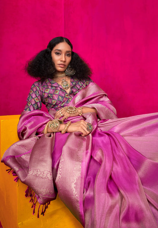 Rani Pink Tissue Silk Saree with Blouse Piece