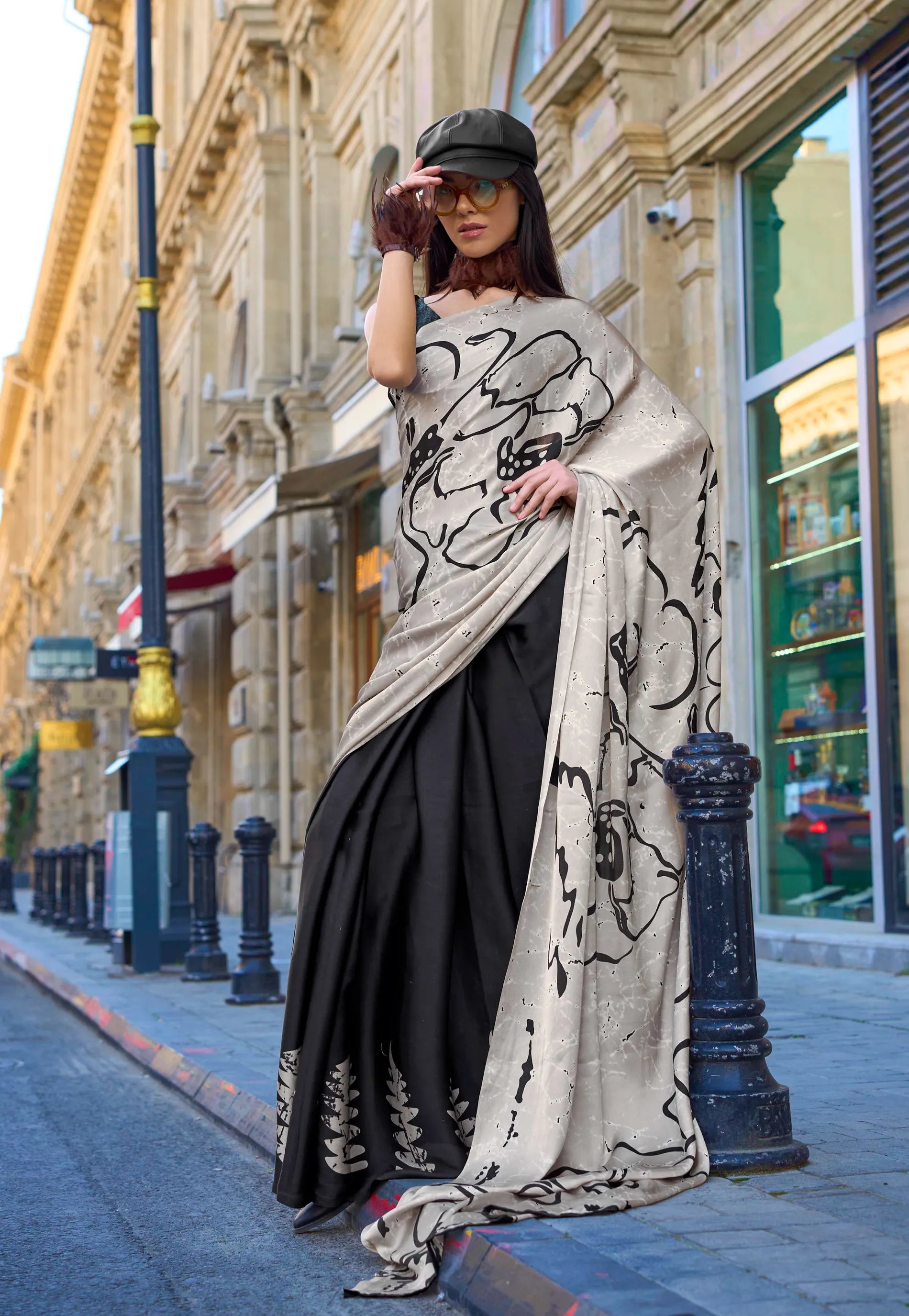 Black & White Ajrakh Print Modal Silk Saree With Blouse Piece - Adi Akshoy & Co.