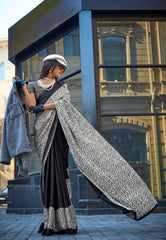 Black & White Ajrakh Print Modal Silk Saree With Blouse Piece - Adi Akshoy & Co.