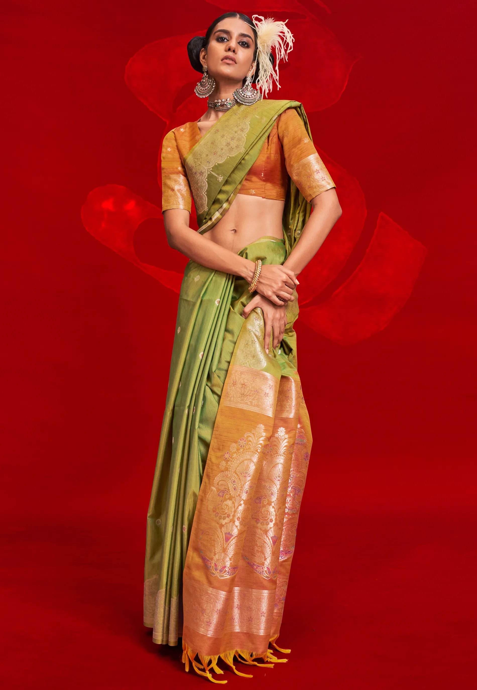 Green Tussar Silk Saree with Blouse Piece - Adi Akshoy & Co.