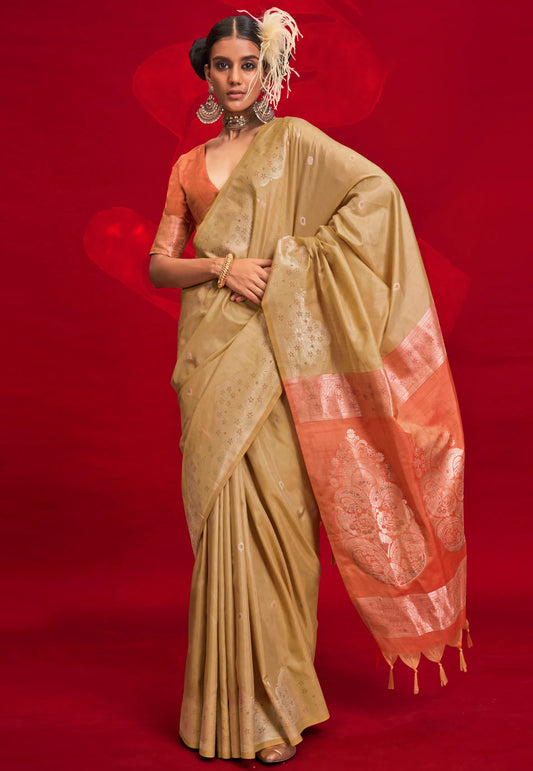 Golden Tussar Silk Saree with Blouse Piece
