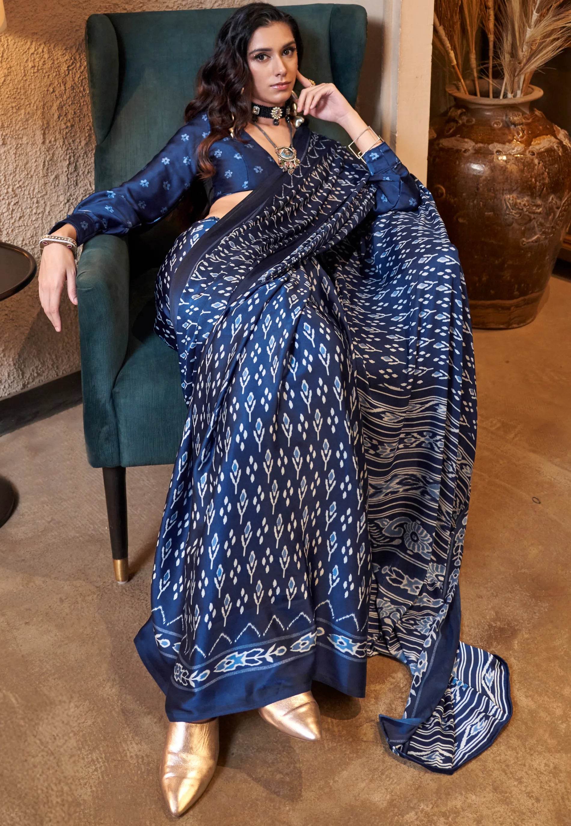 Navy Blue Ajrakh Print in Modal Silk Saree With Blouse Piece