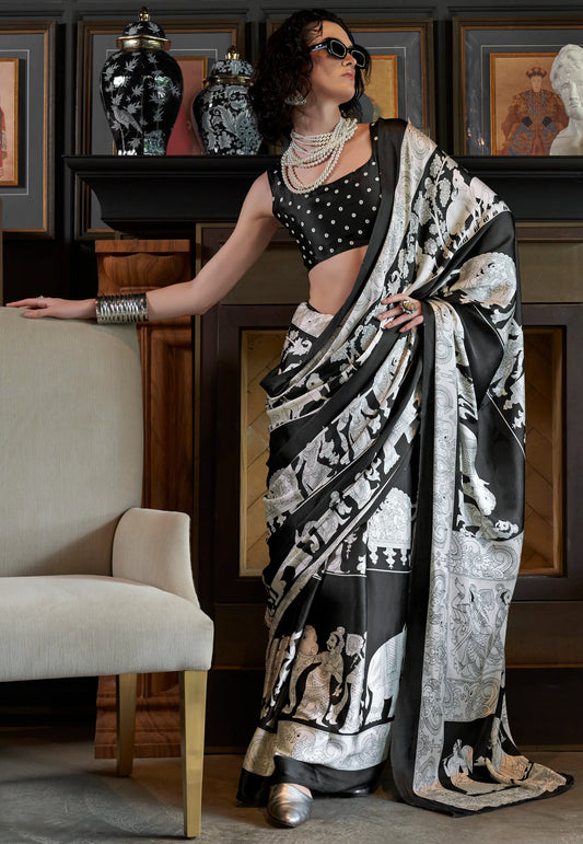Black & White Ajrakh Print in Modal Silk Saree With Blouse Piece