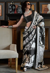 Black & White Ajrakh Print in Modal Silk Saree With Blouse Piece