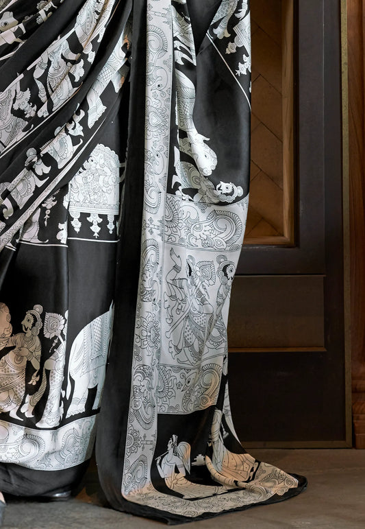Black & White Ajrakh Print in Modal Silk Saree With Blouse Piece