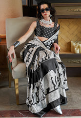 Black & White Ajrakh Print in Modal Silk Saree With Blouse Piece