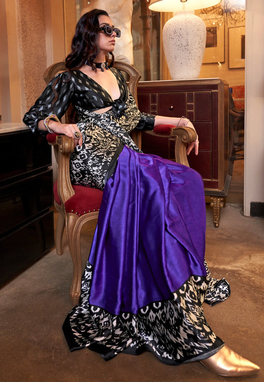 Purple Ajrakh Print in Modal Silk Saree With Blouse Piece