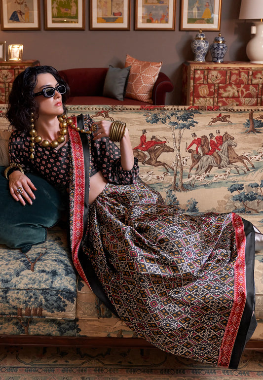 Black Ajrakh Print in Modal Silk Saree With Blouse Piece