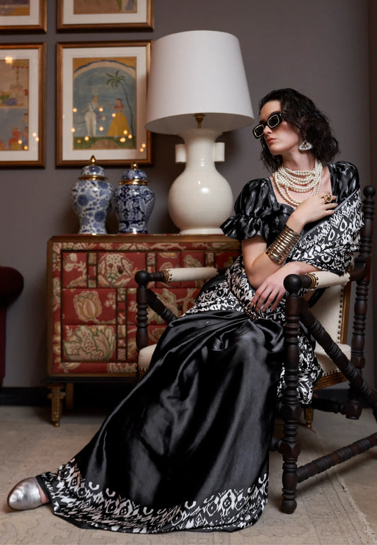Black Ajrakh Print in Modal Silk Saree With Blouse Piece