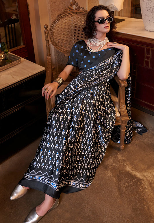 Black Ajrakh Print in Modal Silk Saree With Blouse Piece
