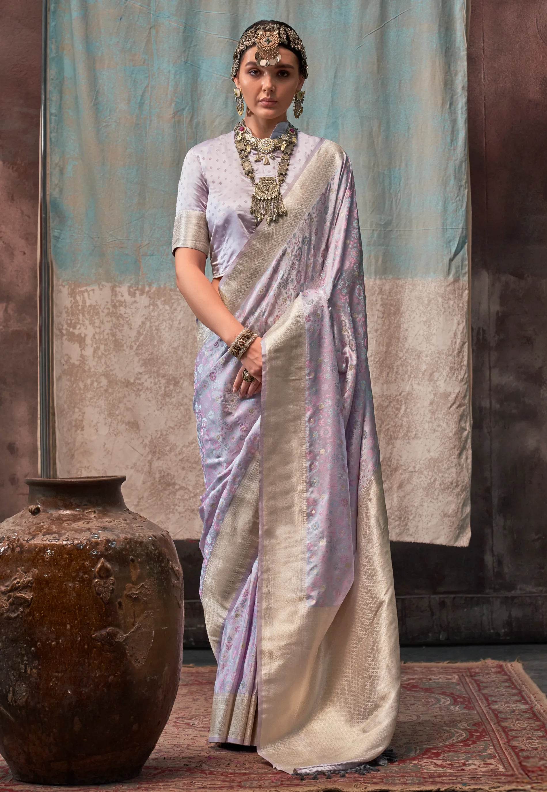 Mauve Resham Emboss Kanjivaram Silk Saree With Blouse Piece - Adi Akshoy & Co.