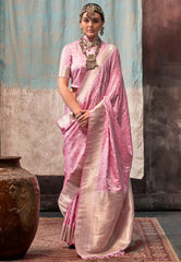Baby Pink  Resham Emboss Kanjivaram Silk Saree With Blouse Piece