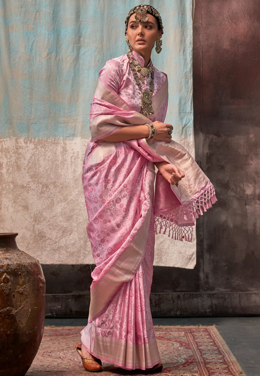Baby Pink  Resham Emboss Kanjivaram Silk Saree With Blouse Piece