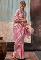 Baby Pink  Resham Emboss Kanjivaram Silk Saree With Blouse Piece