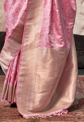 Baby Pink  Resham Emboss Kanjivaram Silk Saree With Blouse Piece