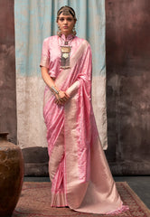 Pastel Pink Resham Emboss Kanjivaram Silk Saree With Blouse Piece