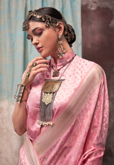 Pastel Pink Resham Emboss Kanjivaram Silk Saree With Blouse Piece