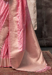 Pastel Pink Resham Emboss Kanjivaram Silk Saree With Blouse Piece