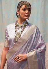 Mauve Resham Emboss Kanjivaram Silk Saree With Blouse Piece - Adi Akshoy & Co.