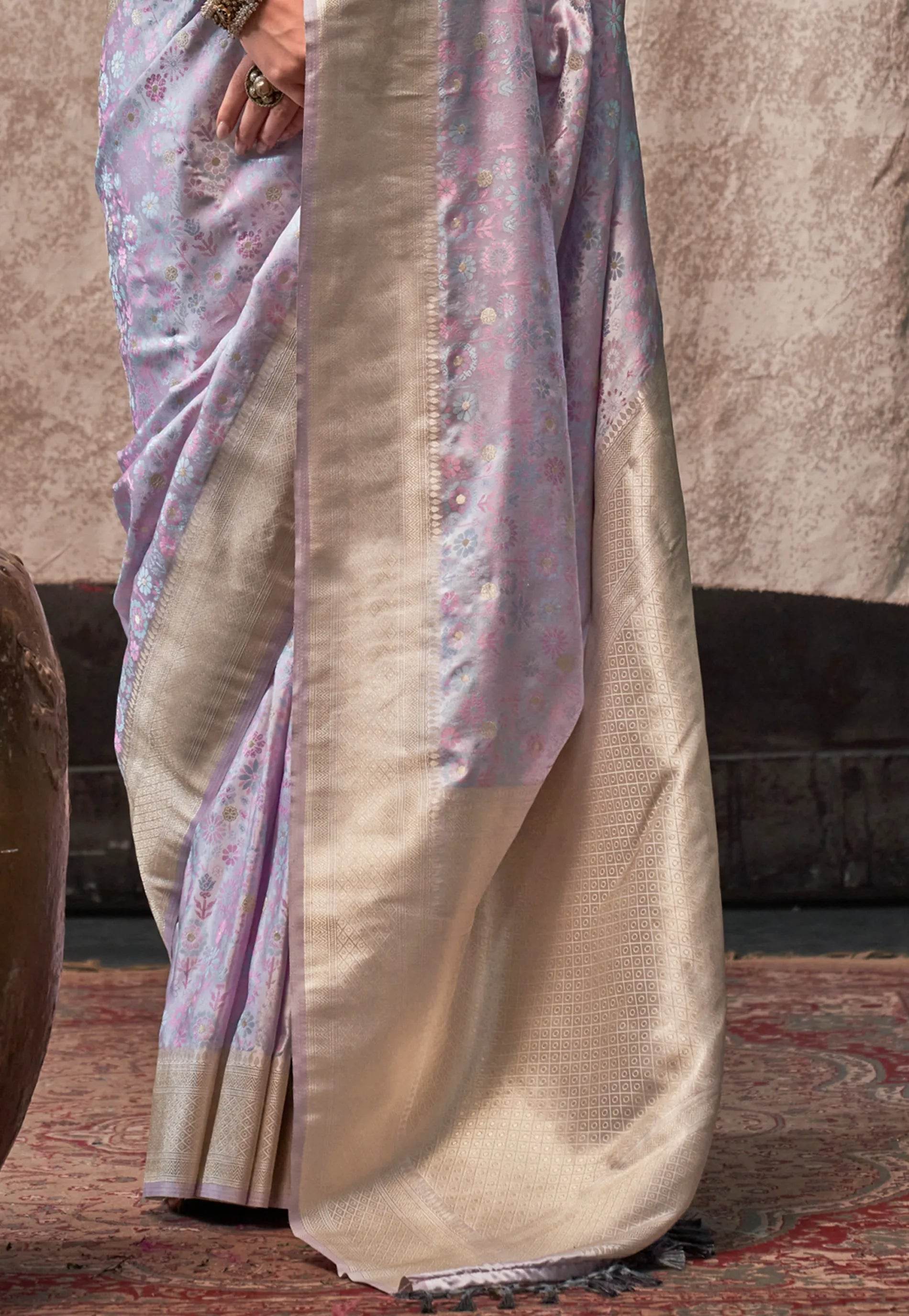 Mauve Resham Emboss Kanjivaram Silk Saree With Blouse Piece - Adi Akshoy & Co.