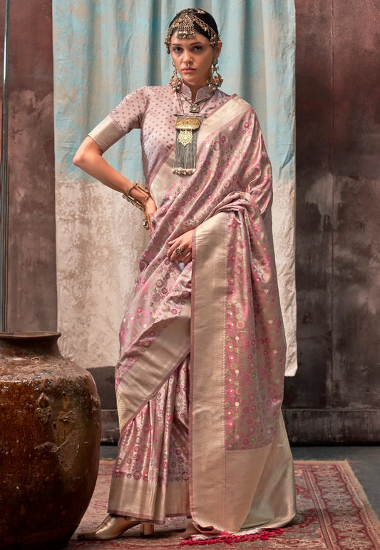 Pastel Onion Pink Kanjivaram Silk Saree With Blouse Piece