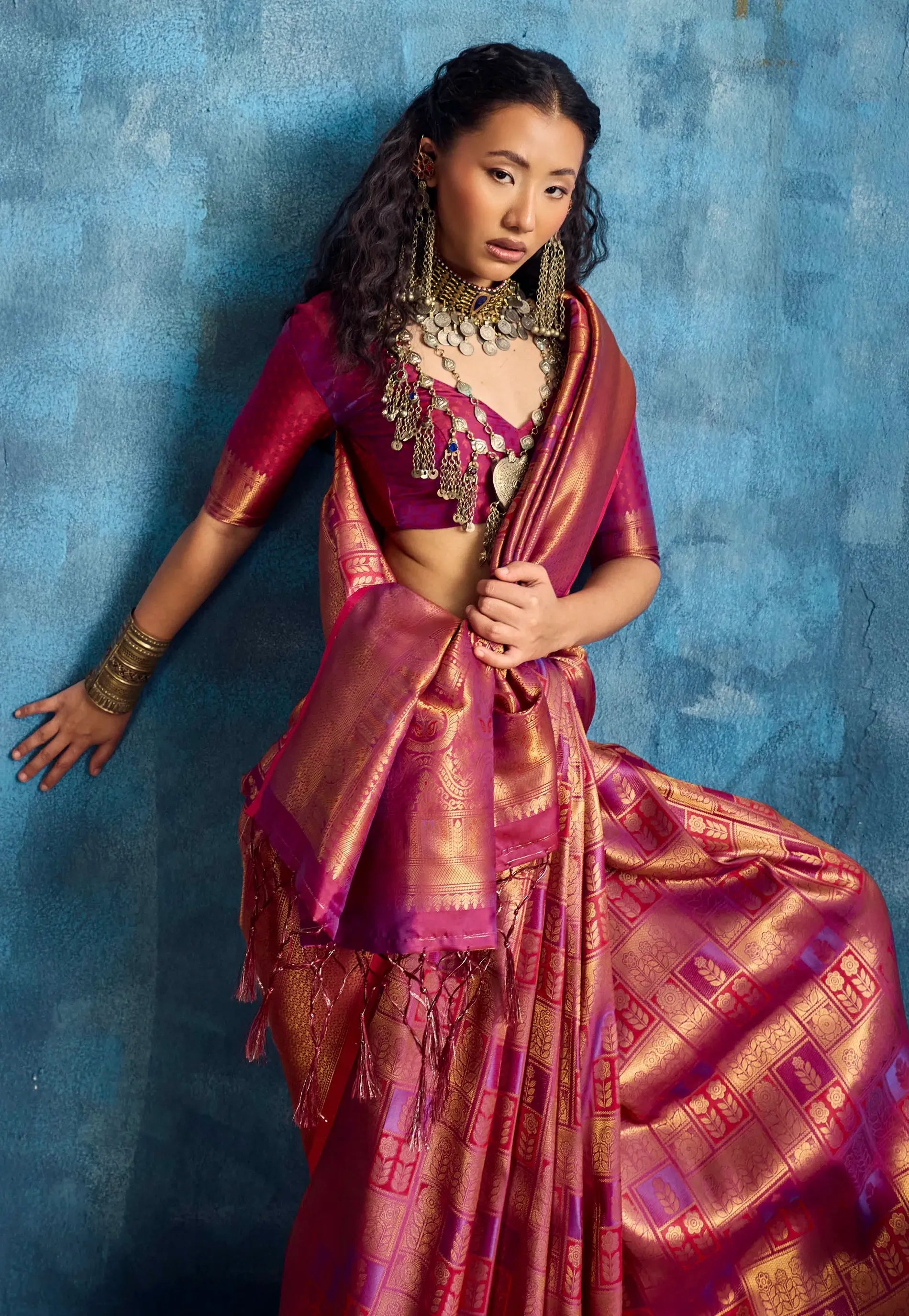 Magenta with Zari work Katan Silk Saree With Blouse Piece- Adi Akshoy & Co.