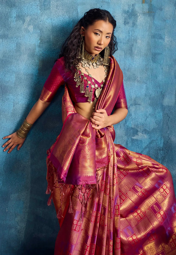 Magenta with Zari work Katan Silk Saree With Blouse Piece- Adi Akshoy & Co.