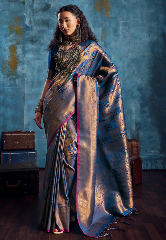 Blue with Zari work Katan Silk Saree With Blouse Piece- Adi Akshoy & Co.