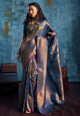 Blue with Zari work Katan Silk Saree With Blouse Piece- Adi Akshoy & Co.