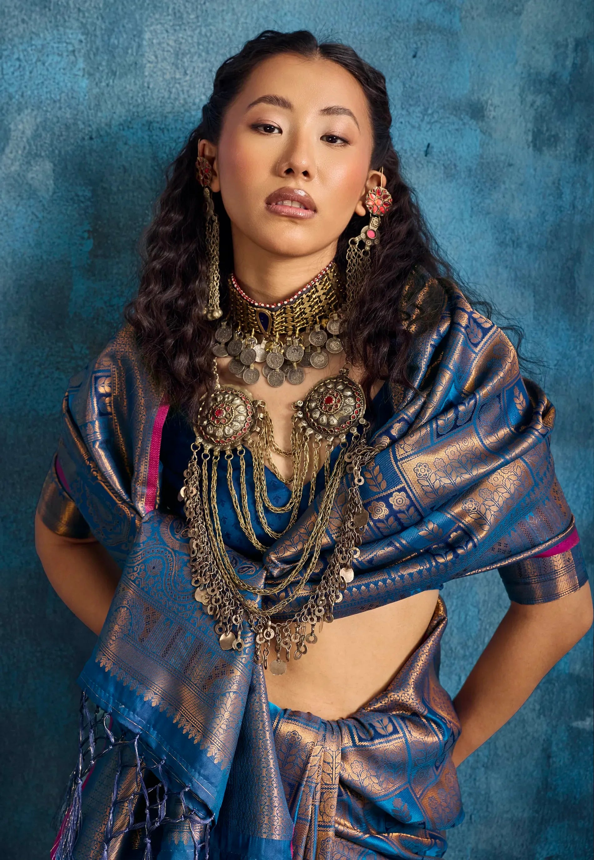 Blue with Zari work Katan Silk Saree With Blouse Piece- Adi Akshoy & Co.