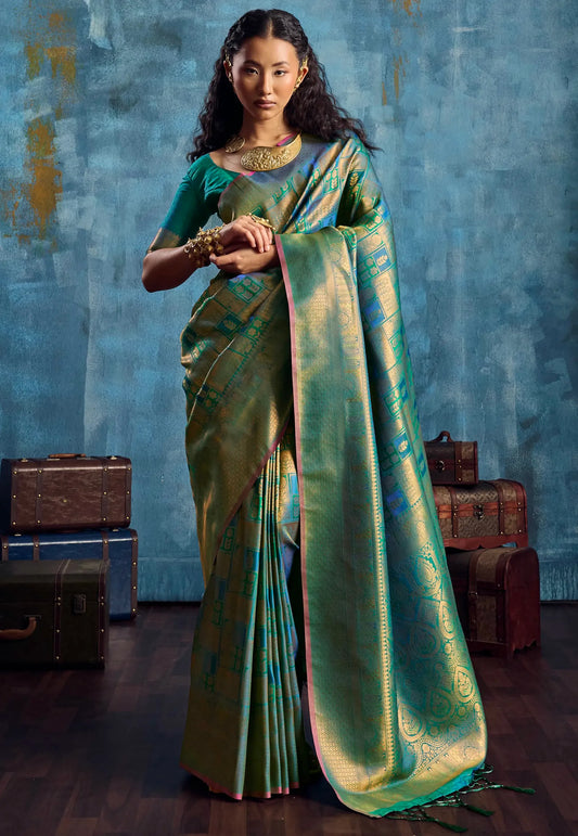 Cross Colour of Green & Blue with Zari work Katan Silk Saree With Blouse Piece - Adi Akshoy & Co.