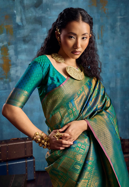 Cross Colour of Green & Blue with Zari work Katan Silk Saree With Blouse Piece - Adi Akshoy & Co.