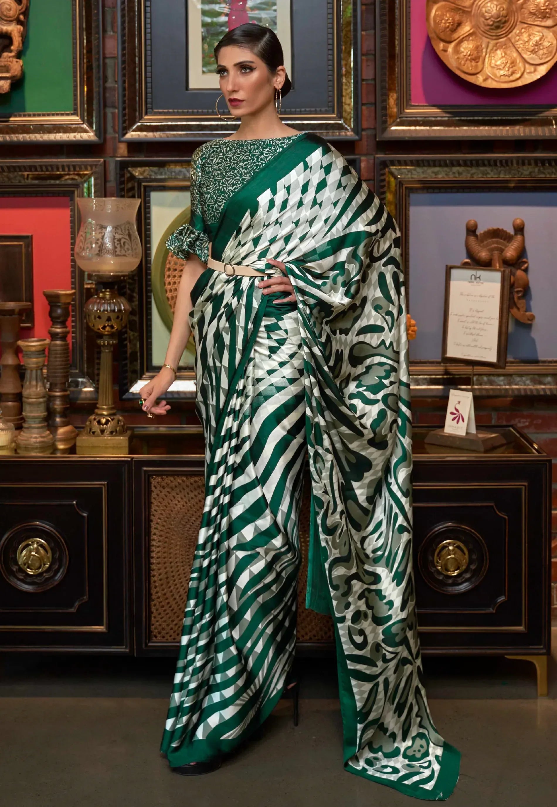 White & Green Modal Silk Saree With Blouse Piece- Adi Akshoy & Co.