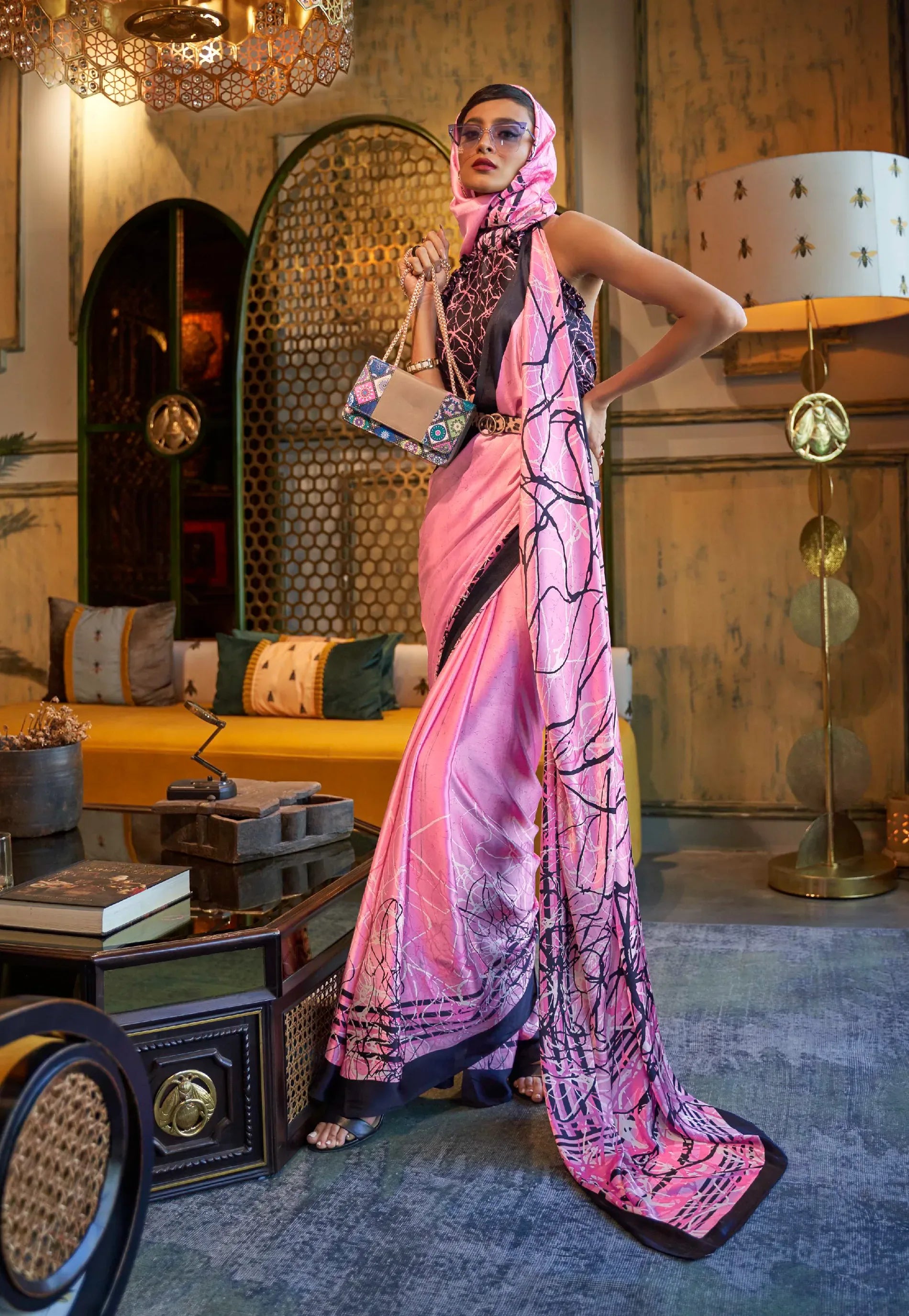 Light Neon Pink Modal Silk Saree With Blouse Piece- Adi Akshoy & Co.